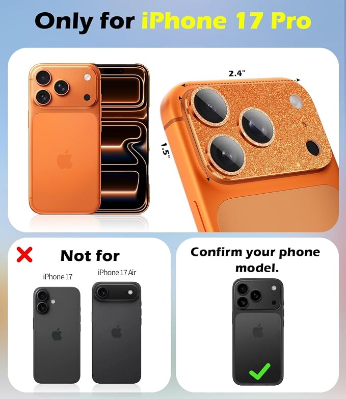 imluckies Compatible with iPhone 17 Pro Camera Lens Protector Bling, Ultra HD Tempered Glass Shiny Diamond Camera Plate Sparkle Screen Protection, 9H Anti-Scratch & Easy Install, Glitter Orange