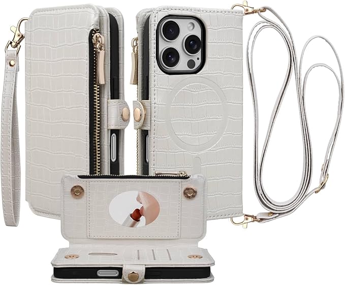 Crossbody Wallet Case for iPhone 16 Pro with Mirror, Wrist Strap, Zipper Purse Magnetic Flip RFID Blocking Card Holder, Wireless Charging, PU Leather Shockproof 6.3" Women (White)