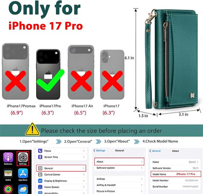 Wallet Case for iPhone 17 Pro with Card Holder/Crossbody Wallet/Strap,[RFID Blocking][Magnetic] PU Leather Phone Case for iPhone 17 Pro,6.3 in,Green