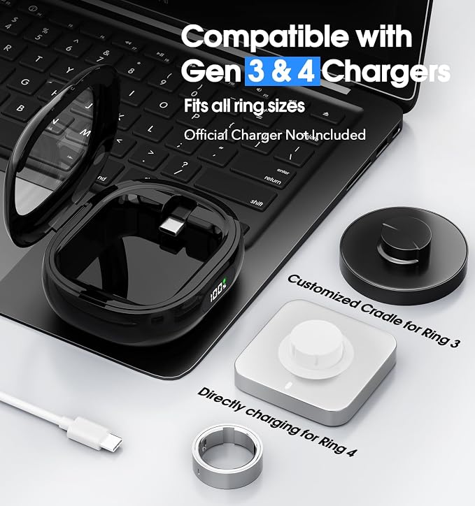 Charging Case for Oura Ring Gen 4 & 3 Charger, 2000mAh Portable Travel Power Station Fits All-Sized Oura Ring 4 & 3, 45-Day Runtime (Official Charger NOT Included)(Black)