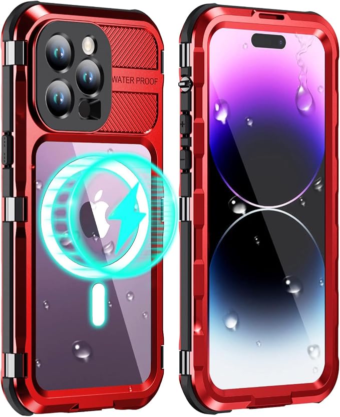 WIFORT for iPhone 14 Pro Max Waterproof Case - Metal Shockproof Phone Case Built-in Screen Protector [IP68 Water Proof][14FT Military Grade ], Heavy Duty Full Body Drop Protection Cover, 6.7" Red