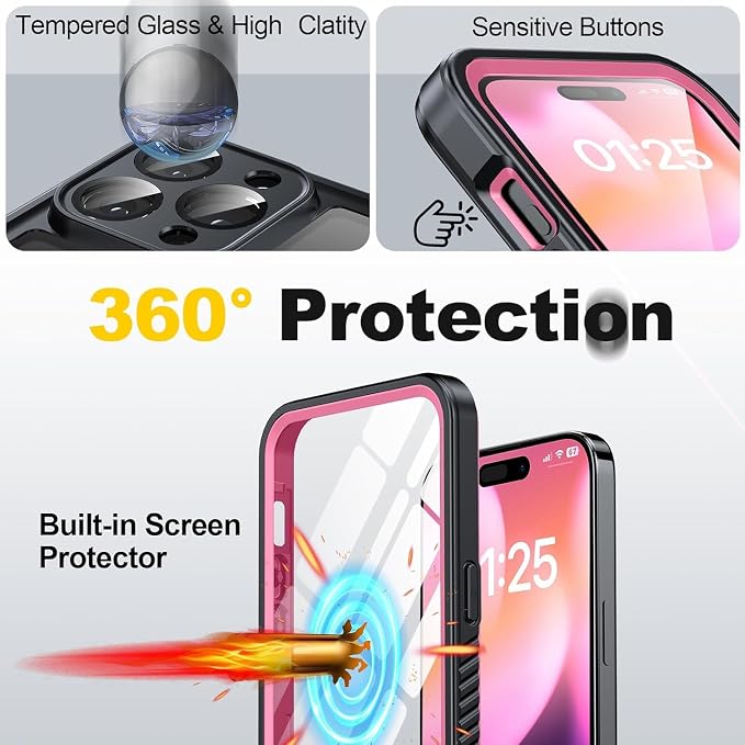 for iPhone 15 Pro Case Waterproof, Built-in Privacy Screen & HD Screen Double Front Frame [IP68 Underwater] Shockproof Dustproof Full Body Protection iPhone 15 Pro Phone Case Pink