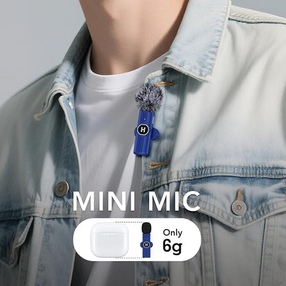 USB C Mini Wireless Lavalier Microphone for iPhone 15 16, iOS and Android Devices - Noise Reduction Lapel Mic for Recording, Clip Omni Lav Mic for Video Recording, Tiktok, Youtube, Vlog (Blue)