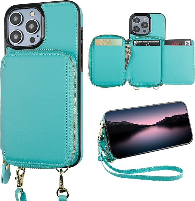Bocasal RFID Blocking Wallet Case for iPhone 14 Pro, Adjustable Crossbody Zipper Purse Case Card Holder with Kickstand Detachable Wrist Strap, PU Leather Flip Folio Case 6.1 Inch 5G (Mint Green)