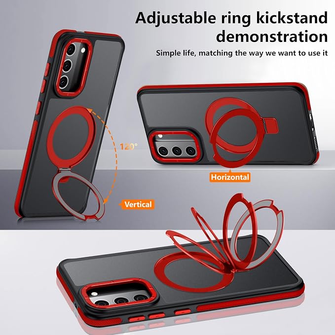 for Samsung Galaxy S21 FE Case, Magnetic Adjustable Ring Stand [Fit for Magsafe], [Military-Grade Shockproof Protection] Phone Case with Kickstand&Ring Holder (Red)