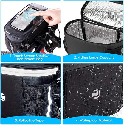 WOTOW Bike Handlebar Insulated Bag, Bike Front Phone Bag Cooler Storage Pouch With TPU Touch Screen Insulation Bicycle Frame Bag Strap On Cycling Accessories for Outdoor Hiking Travel Assistants