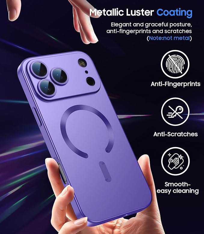 Magnetic for iPhone 17 Pro Max Case, Compatible with MagSafe, Built-in Camera Lens Protector, Slim Thin Soft Silicone Bumper Shockproof Metallic Luster Phone Case, Purple
