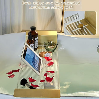 Acrylic Bathtub Caddy Tray, Expandable Bathtub Tray with Gold Handles, Reading Rack Tablet Holder Holds Phone, Books, Candles, Food, Wine and Tablet(80cm/31inch, Ripple)