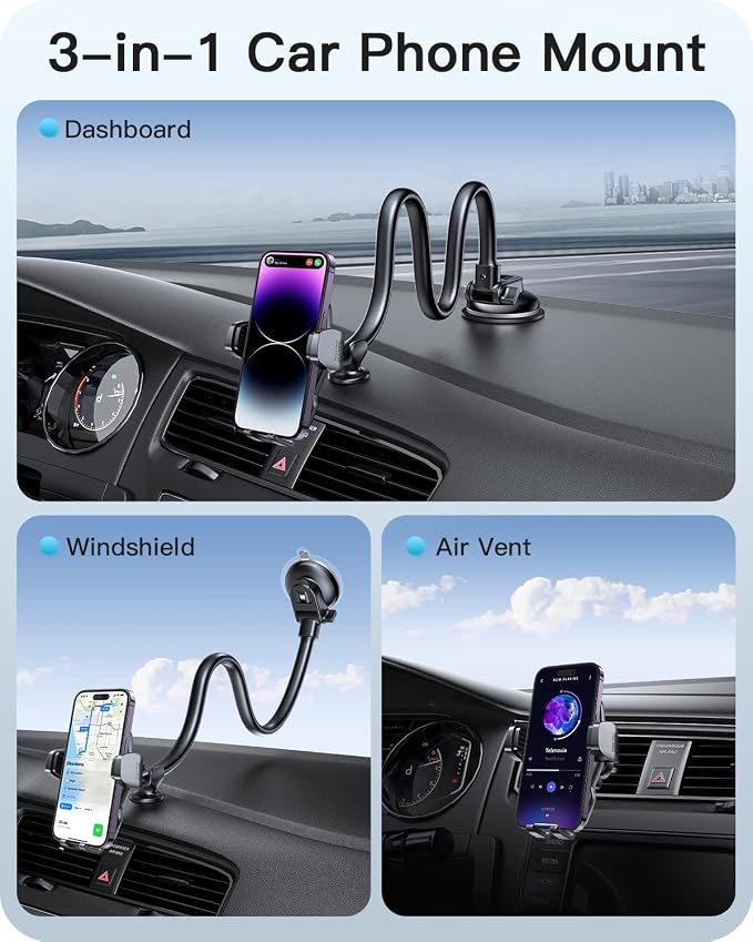 APPS2Car 13" Gooseneck Phone Holder for Car Windshield Window Dashboard Vent, Cell Phone Mount for Car Truck with Strong Suction Cup, Anti-Shake Stabilizer - Compatible with Most Smartphones