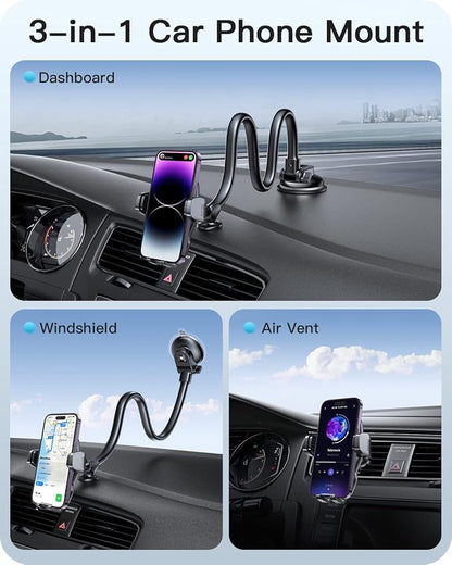 APPS2Car 13" Gooseneck Phone Holder for Car Windshield Window Dashboard Vent, Cell Phone Mount for Car Truck with Strong Suction Cup, Anti-Shake Stabilizer - Compatible with Most Smartphones
