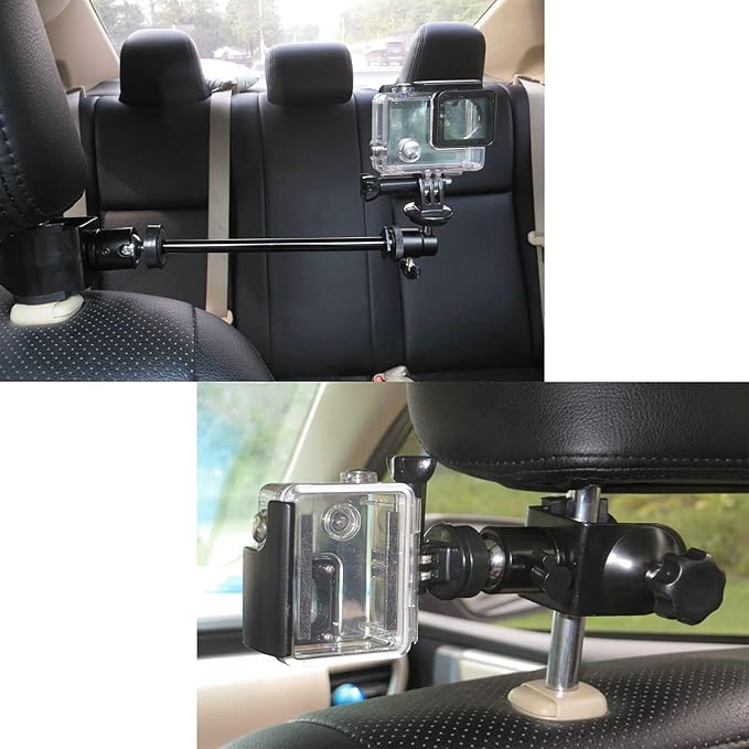 3in1 Universal Heavy Duty Car Headrest Mount Holder w/Clamp/Adjustable Robust Magic Arm and 360° Rotation for DSLR Camcorder/Action Camera/Smartphone etc