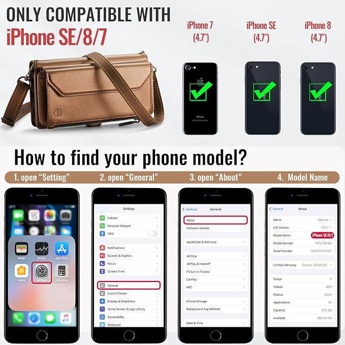 Strapurs Crossbody Wallet Case Compatible with iPhone SE/7/8 RFID Blocking 7-Card Holder Soft PU Leather Magnetic Snap Shoulder Strap Zipper Pocket Phone Cases Fit for iPhone SE 2020 2022 - Brown