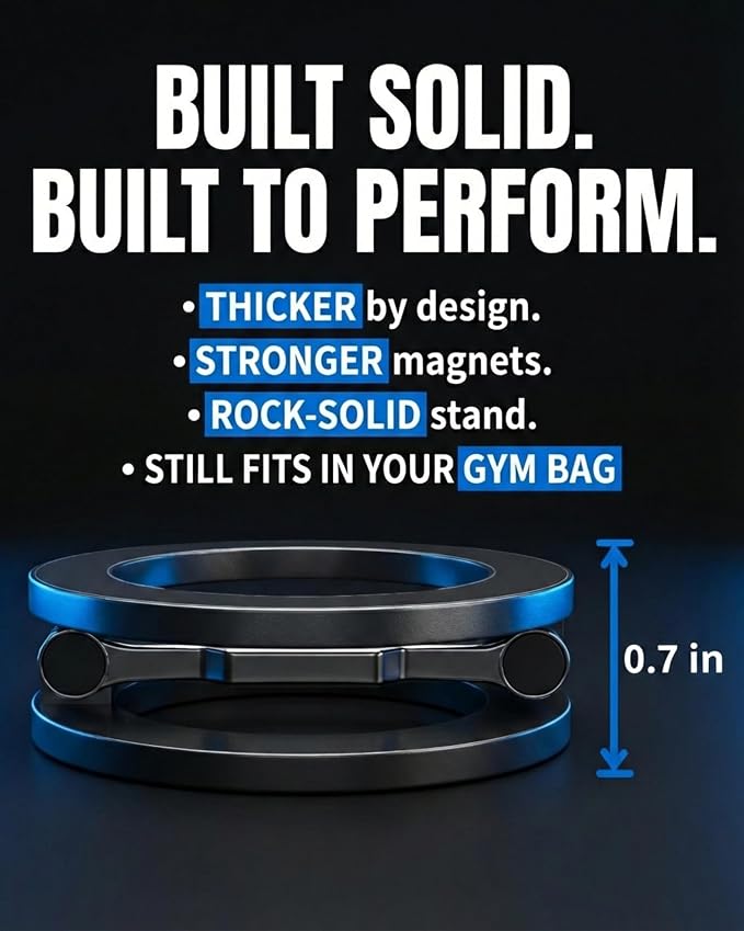 BLAUBECK Thick Gym Magnetic Phone Mount & Stand – Dual-Sided Strong Magnet Holder for MagSafe & Android – All Metal Zinc Alloy – Adjustable Kickstand – Attaches to Metal Surfaces – Not Pocket Size
