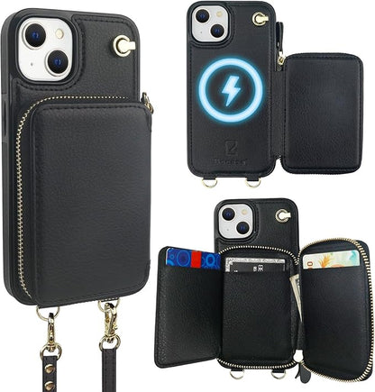 Bocasal for MagSafe Crossbody Wallet Case Compatible with iPhone 14 iPhone 13, RFID Blocking Protective Purse Case with Card Slots Holder Kickstand Wrist Strap Lanyard Zipper 6.1 Inch 5G (Black)