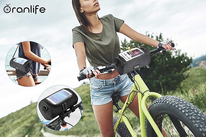 Oranlife Bike Handlebar Bag, Waterproof Phone Cycling Mount Front Bags, Bicycle Storage Bag with Removable Shoulder Strap, 6 inch Transparent Pouch, Best Gift