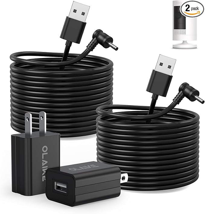 OLAIKE (2 Pack) 8m/26ft Charge Cable for Ring Stick Up Cam Battery/Plug-in & Ring Spotlight Cam Battery, Weatherproof Power Adapter Keep Charge Your Camera (No Camera), Blcak