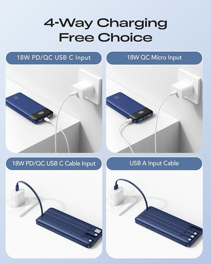 20000mAh Power Bank Fast Charging, Portable Charger with 4 Built-in Cables & 6 Outputs, 20W PD USB C Battery Pack Compatible with iPhone 16/15, Galaxy, Android, iPad & More (Travel Essential)