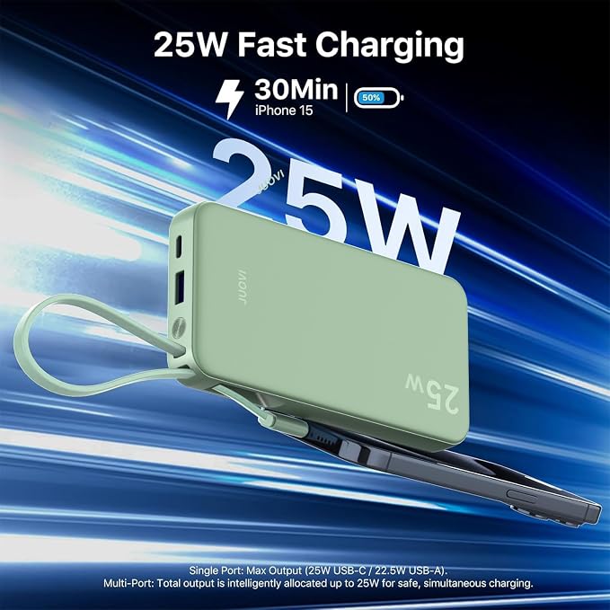 JUOVI 25W Portable Charger 10000mah Power Bank Built-in USB-C Cable | Battery Pack with LED Display, Portable Phone Charger for iPhone 17 16 15 14 Samsung S24 S23 iPad Tablets