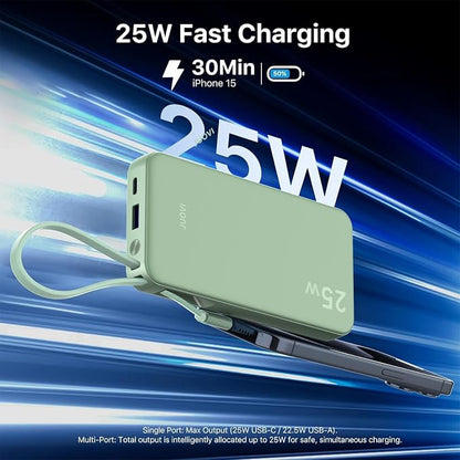 JUOVI 25W Portable Charger 10000mah Power Bank Built-in USB-C Cable | Battery Pack with LED Display, Portable Phone Charger for iPhone 17 16 15 14 Samsung S24 S23 iPad Tablets