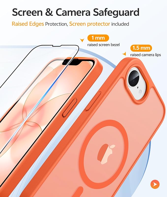 FNTCASE for iPhone 17e/ iPhone 16e Case, Fit for Magsafe, Screen Protector | Translucent Matte Magnetic Back, 14FT Military Grade Drop Protection, Shockproof Protective Phone Cover, Orange