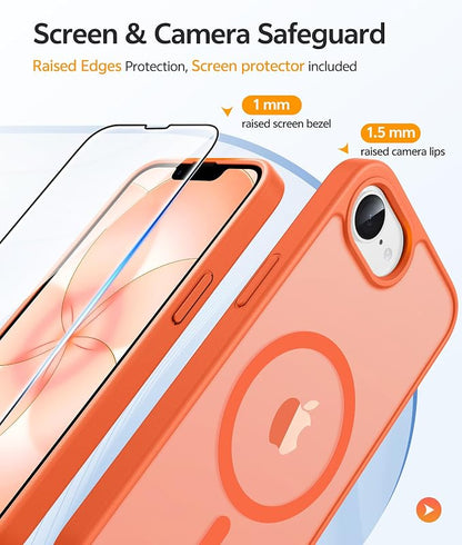 FNTCASE for iPhone 17e/ iPhone 16e Case, Fit for Magsafe, Screen Protector | Translucent Matte Magnetic Back, 14FT Military Grade Drop Protection, Shockproof Protective Phone Cover, Orange