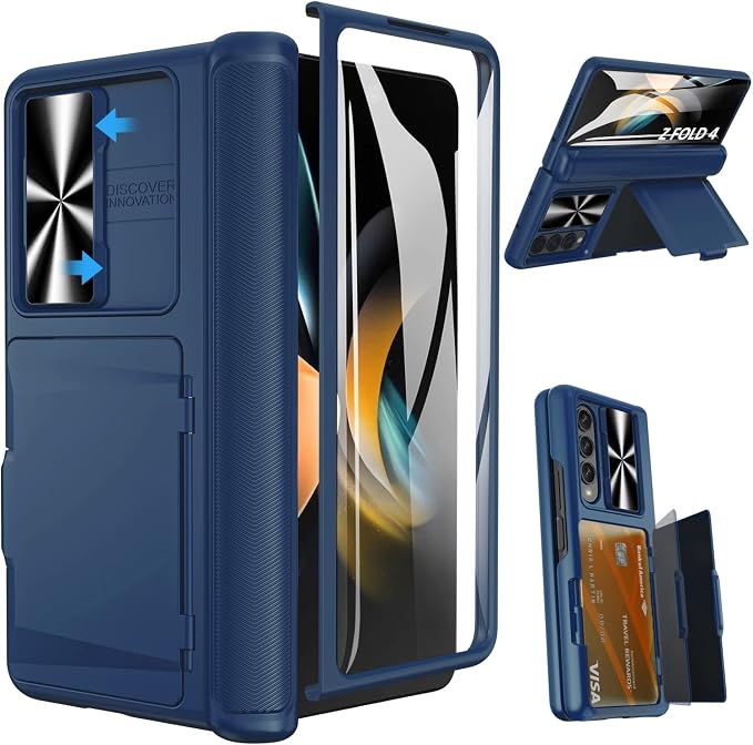 Viaotaily Galaxy Z Fold 4 5G Case with Card Holder & Hinge Protection, Built-in Slide Camera Lens Cover & Screen Protector, Durable Sturdy Phone Cover Case for Samsung Galaxy Z Fold 4 5G 2022 (Blue)