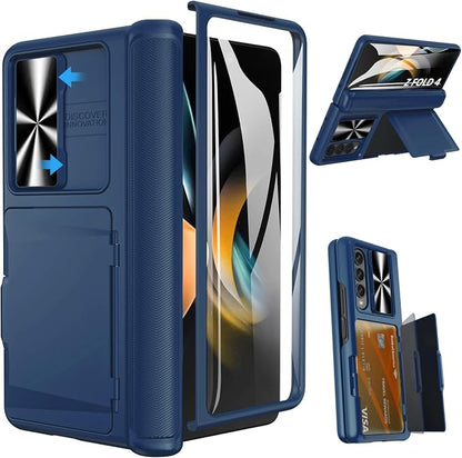 Viaotaily Galaxy Z Fold 4 5G Case with Card Holder & Hinge Protection, Built-in Slide Camera Lens Cover & Screen Protector, Durable Sturdy Phone Cover Case for Samsung Galaxy Z Fold 4 5G 2022 (Blue)