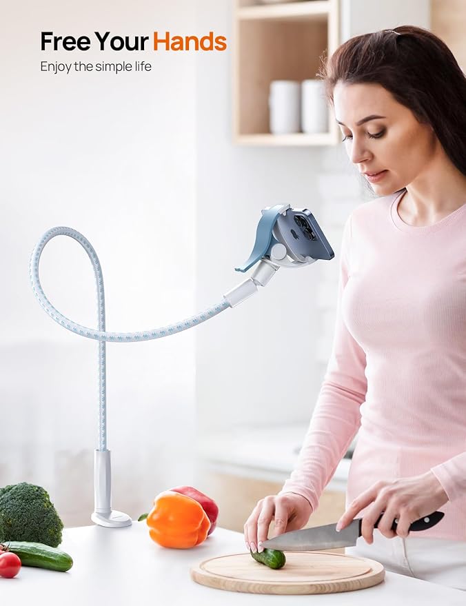 Aomiker Gooseneck Phone Holder for Bed - [Upgrade Nylon Braid] 38” Flexible Lazy Arm Clip, 360 Adjustable Overhead Phone Mount for iPhone 16 15 14 13 12 11 Pro Max Mini Plus, 4-7" Cellphone - White