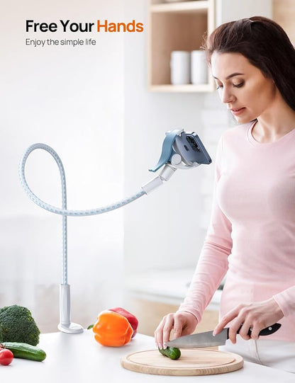 Aomiker Gooseneck Phone Holder for Bed - [Upgrade Nylon Braid] 38” Flexible Lazy Arm Clip, 360 Adjustable Overhead Phone Mount for iPhone 16 15 14 13 12 11 Pro Max Mini Plus, 4-7" Cellphone - White