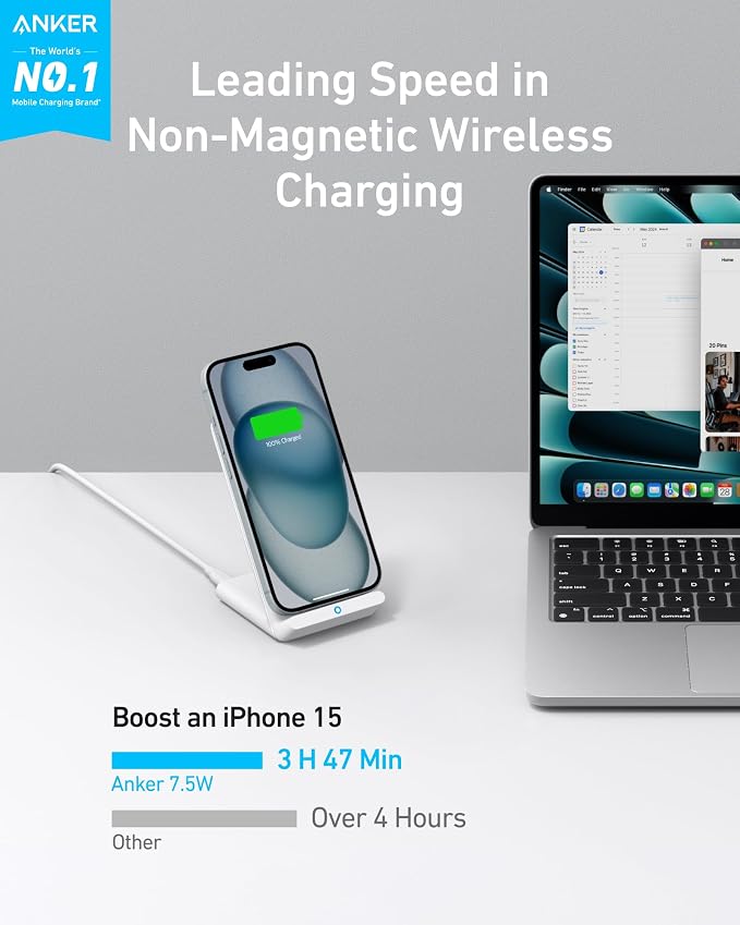Anker 313 Wireless Charger (Stand), Qi-Certified for iPhone 17/17 Pro/17 Pro Max/16/15/14/13, 10W Fast-Charging Galaxy S23 S22 S21(No AC Adapter)