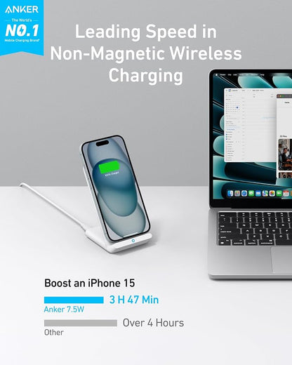 Anker 313 Wireless Charger (Stand), Qi-Certified for iPhone 17/17 Pro/17 Pro Max/16/15/14/13, 10W Fast-Charging Galaxy S23 S22 S21(No AC Adapter)