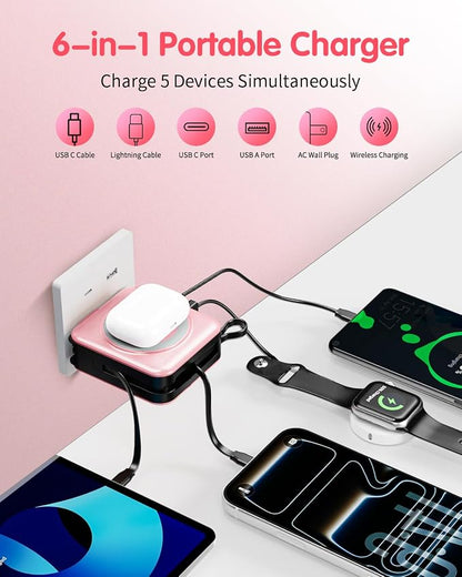 10000mAh for Magsafe Portable Charger Built-in Cables & AC Wall Plug,Pink | 6-in-1,PD 22.5W USB C Fast Charging,15W Magnetic Wireless Charging,Charge 5 devices at once,LED Display Travel Power Bank