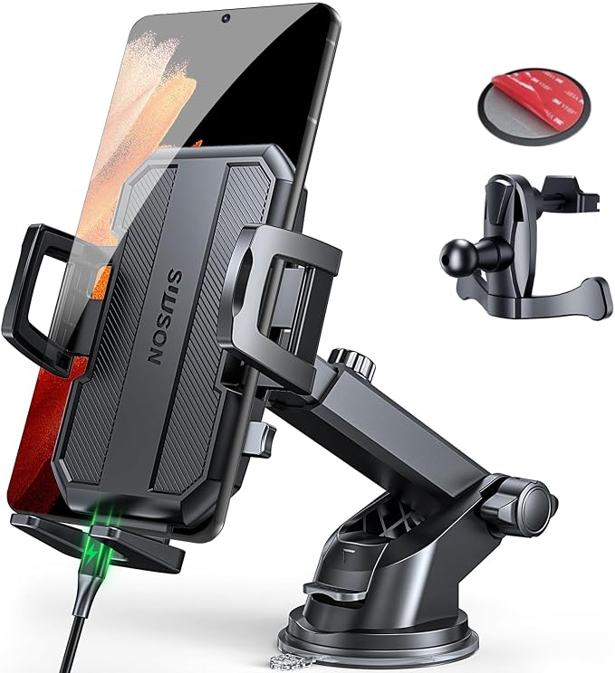 Upgraded 3-in-1 Car Phone Holder Mount [Powerful Suction] Phone Mount for Car Dashboard Air Vent Windshield,for All iPhone Android Phone, Charcoal Black