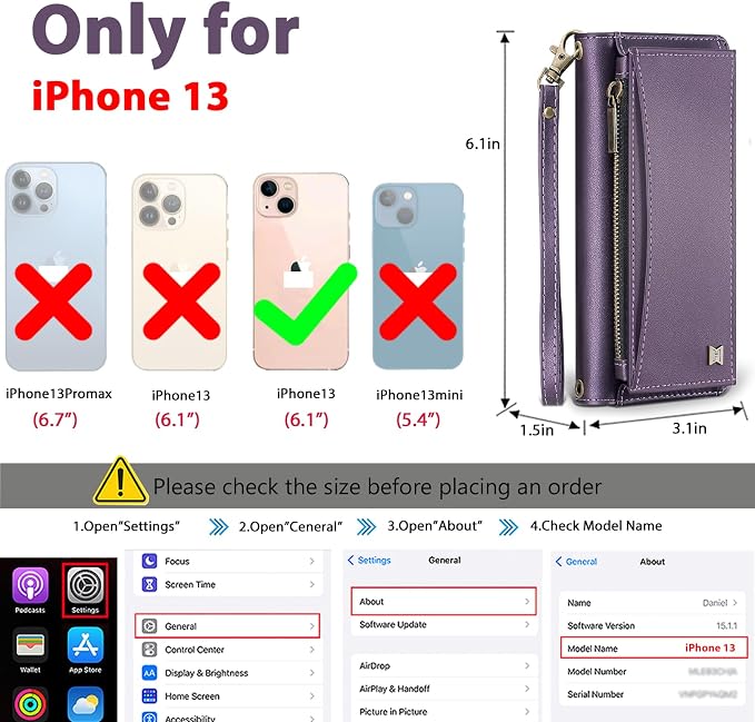 Wallet Case for iPhone 13 with Card Holder/Crossbody Wallet/Strap| RFID Blocking | Magnetic | Kickstand | Detachable | PU Leather Phone Case for iPhone 13,6.1 in,Purple