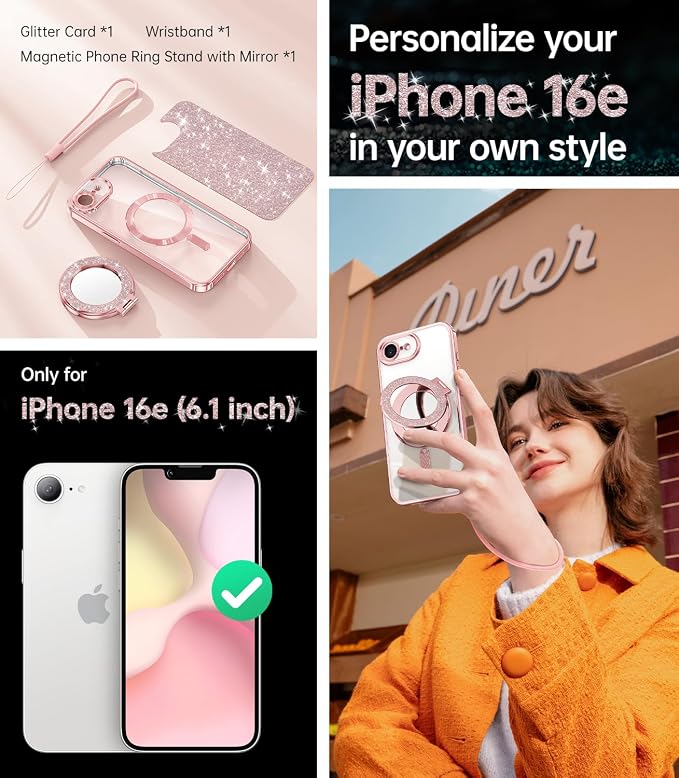 Meifgino Magnetic Case with Removable Phone Ring Stand for iPhone 16E 6.1’’, [Glitter Card & Wrist Strap] [MagSafe Compatible] [Built in Mirror] Phone Ring Stand + Phone Case Kit, Rose Gold