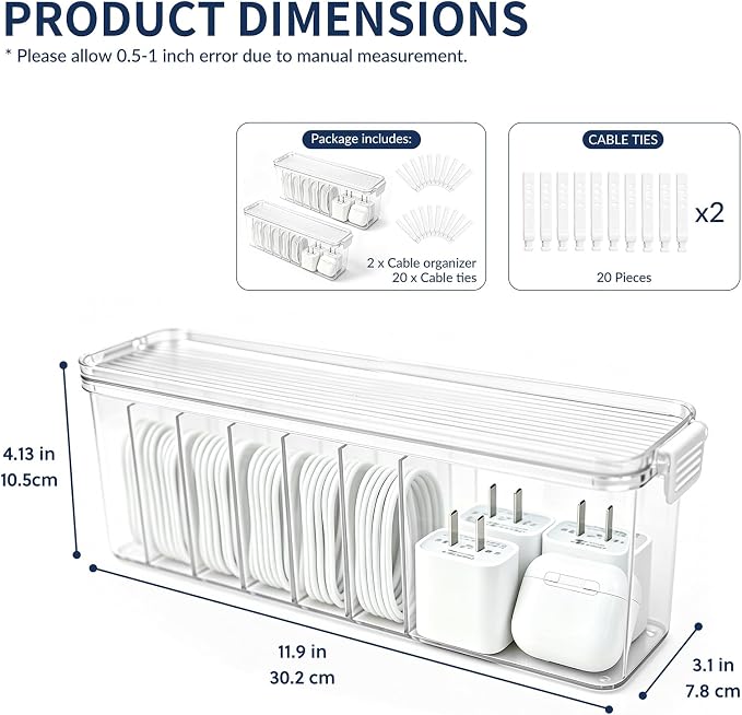 TexHome 2 Pcs Cable Organizer Boxes Clear Charger Cable Storage Boxes with Lid and Cable Straps, Plastic Electronics Cord Organizer for Office Desk Home Drawer Accessories Storage, Clear