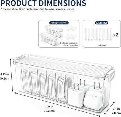 TexHome 2 Pcs Cable Organizer Boxes Clear Charger Cable Storage Boxes with Lid and Cable Straps, Plastic Electronics Cord Organizer for Office Desk Home Drawer Accessories Storage, Clear