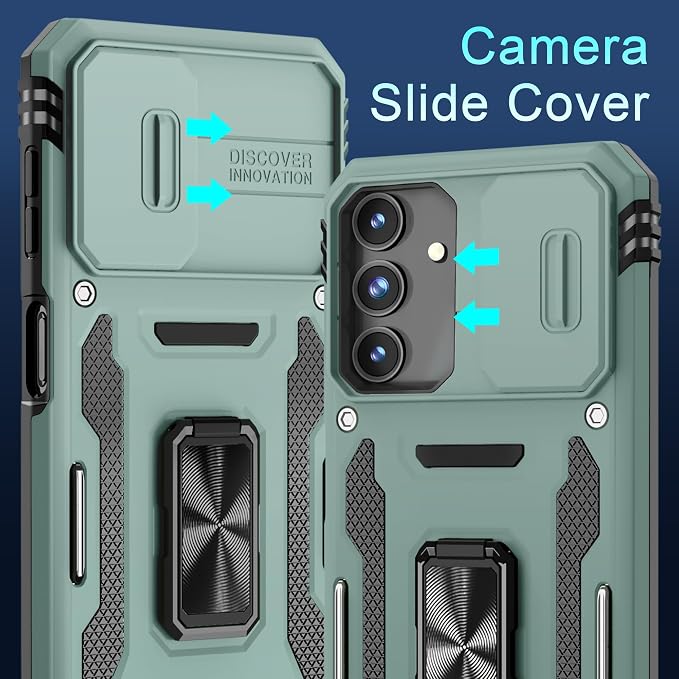 DEERLAMN Case for Samsung Galaxy A15 5G with Slide Camera Cover+Screen Protector (1 Pack), Rotated Ring Kickstand Military Grade Shockproof Protective Cover-Green