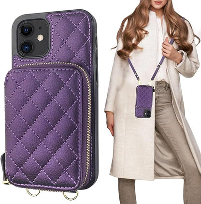 Bocasal Crossbody Wallet Case for iPhone 12/12 Pro, RFID Blocking PU Leather Zipper Handbag Purse Flip Cover, Kickstand Folio Case with Card Slots Holder Wrist Strap Lanyard 5G 6.1 Inch (Dark Purple)