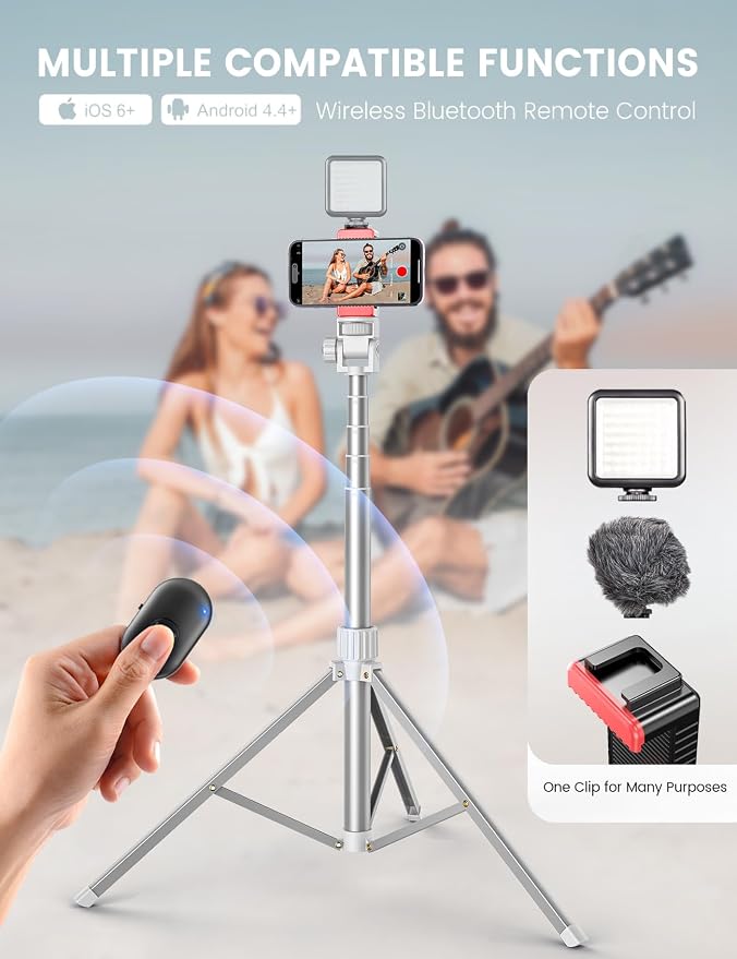 71'' Phone Tripod Stand, Extendable Reinforced Aluminum Phone Stand with Wireless Remote, Stable Cellphone Tripod Compatible with iPhone 14/13/12 Galaxy S23/S22 Huawei (White)
