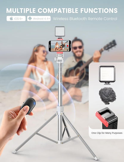 71'' Phone Tripod Stand, Extendable Reinforced Aluminum Phone Stand with Wireless Remote, Stable Cellphone Tripod Compatible with iPhone 14/13/12 Galaxy S23/S22 Huawei (White)