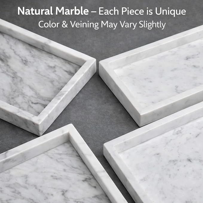 Natural White Marble Tray for Bathroom | Kitchen | Vanity | Desktop, Stone Organizer for Coffee Table, Dresser, Nightstand, Candles, Soap, Towel, Plant, Jewelry (10" x 6"), Rectangular