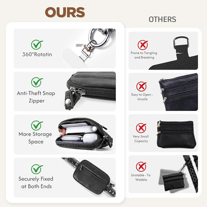 Tiostep Clip and Go Strap for Phone with Wallet Crossbody Phone Lanyard Adjustable and Anti-Theft Leather Purse with RFID Zipper Pouch for Travel Daily Life. Black Medium