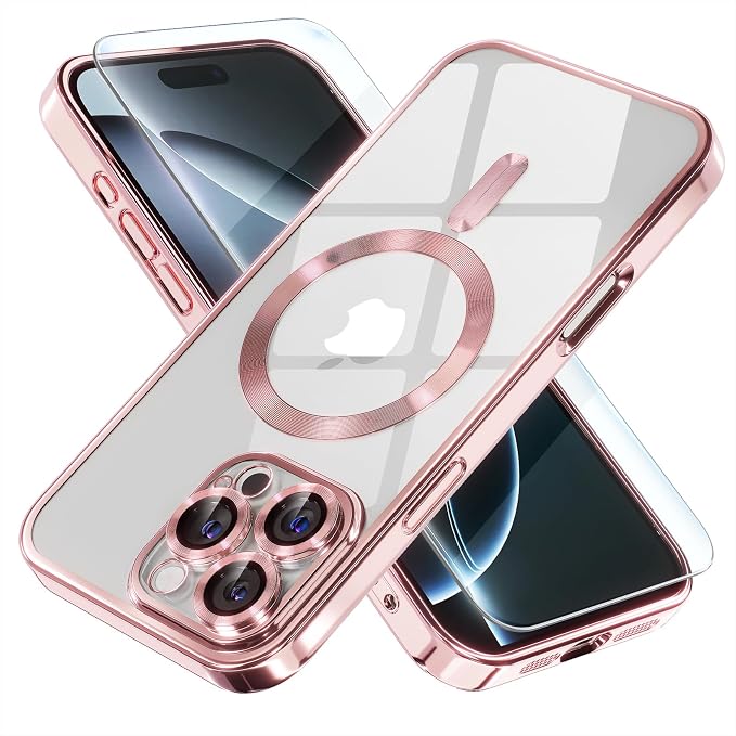 Misea Magnetic for iPhone 16 Pro Case Compatible with MagSafe [Never Yellowing] [Military Grade Drop Protection] Full Camera Lens Protector Plating Soft Clear Phone Case for Women 6.3", Pink