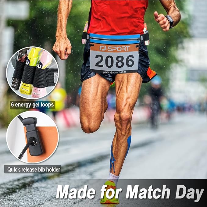 RJ-Sport Triathlon Belt with Pouch - Race Number Bib Holder with 6 Gel Loops, Ideal for Running, Cycling & Marathon (Blue)