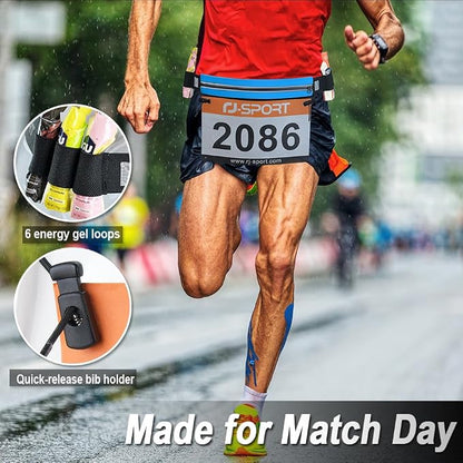 RJ-Sport Triathlon Belt with Pouch - Race Number Bib Holder with 6 Gel Loops, Ideal for Running, Cycling & Marathon (Blue)