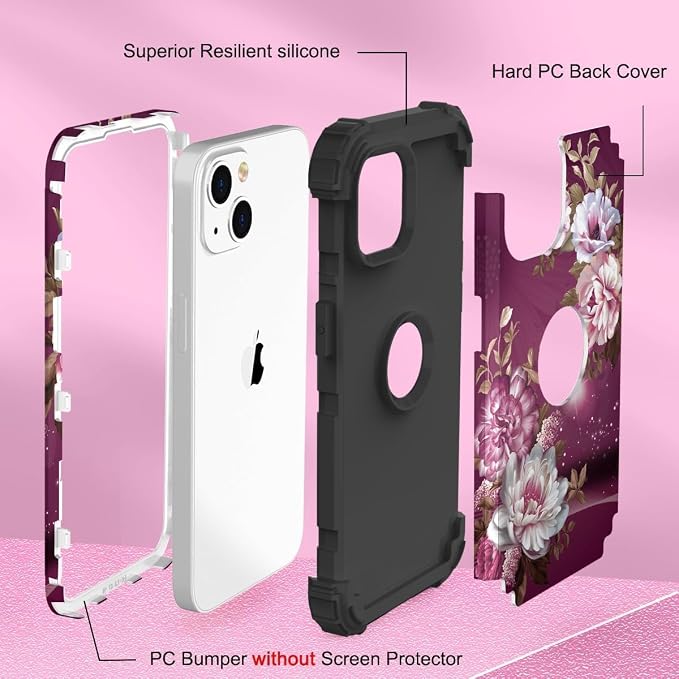 Hocase for iPhone 15 Case, Heavy Duty Shockproof Protection Soft Silicone Rubber Bumper+Hard Plastic Hybrid Protective Case for iPhone 15 (6.1" Display) 2023 - Royal Purple Flowers