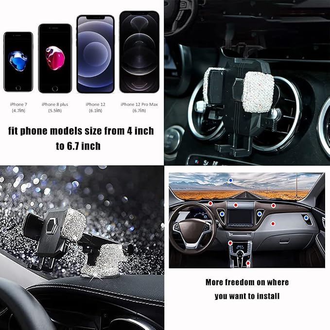 Bling Car Phone Mount Holder,Shiny Crystal Rhinestone Phone Stand for Women and Girls, Car Accessories for Windshield Dashboard,Compatible with Most Cellphones (White)