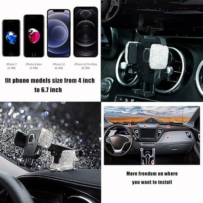 Bling Car Phone Mount Holder,Shiny Crystal Rhinestone Phone Stand for Women and Girls, Car Accessories for Windshield Dashboard,Compatible with Most Cellphones (White)