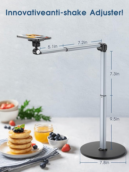 Heavy Duty Aluminum Overhead Phone Stand for Recording, Adjustable iPhone Tripod for Overhead Shots, Sturdy Stand for Cooking, Filming, Painting, with Extension Rods & Clip – Perfect for Creators(Mix)